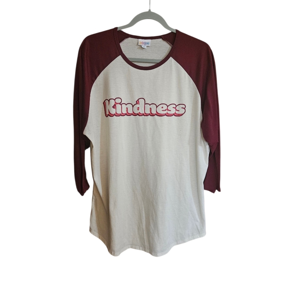 LuLaRoe KINDNESS Long Sleeve T Shirt With Burgundy Sleeves 2x